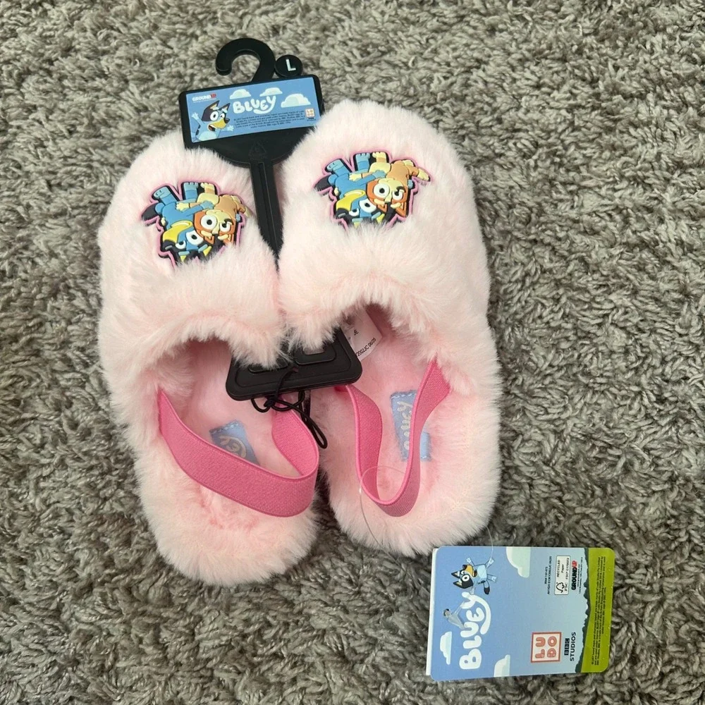 Bluey Bingo little Girls Pink Faux Fur Slingback Slippers Ground Up Sz Large New